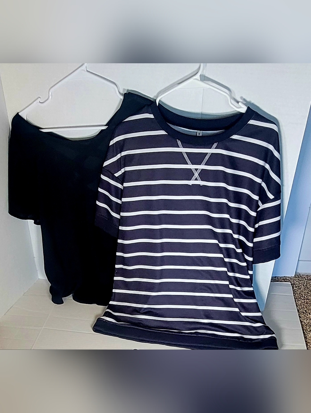 Striped Navy & White Short Sleeve Tee And Beautiful Black Blouse
